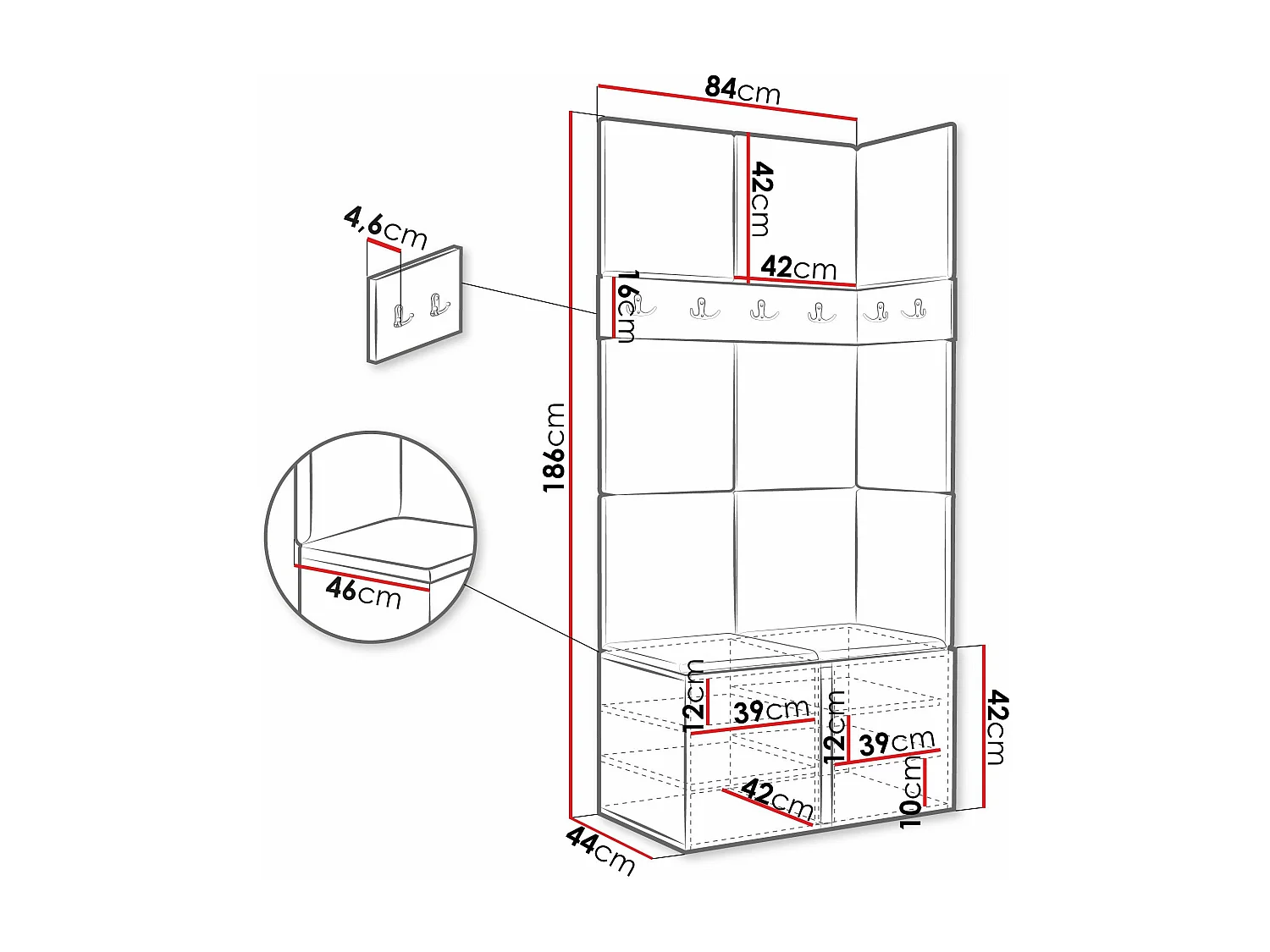 Meuble d'entrée Pinis I, 186x84x46cm, Graphite, Stratifié|Faux cuir, Murale|À poser