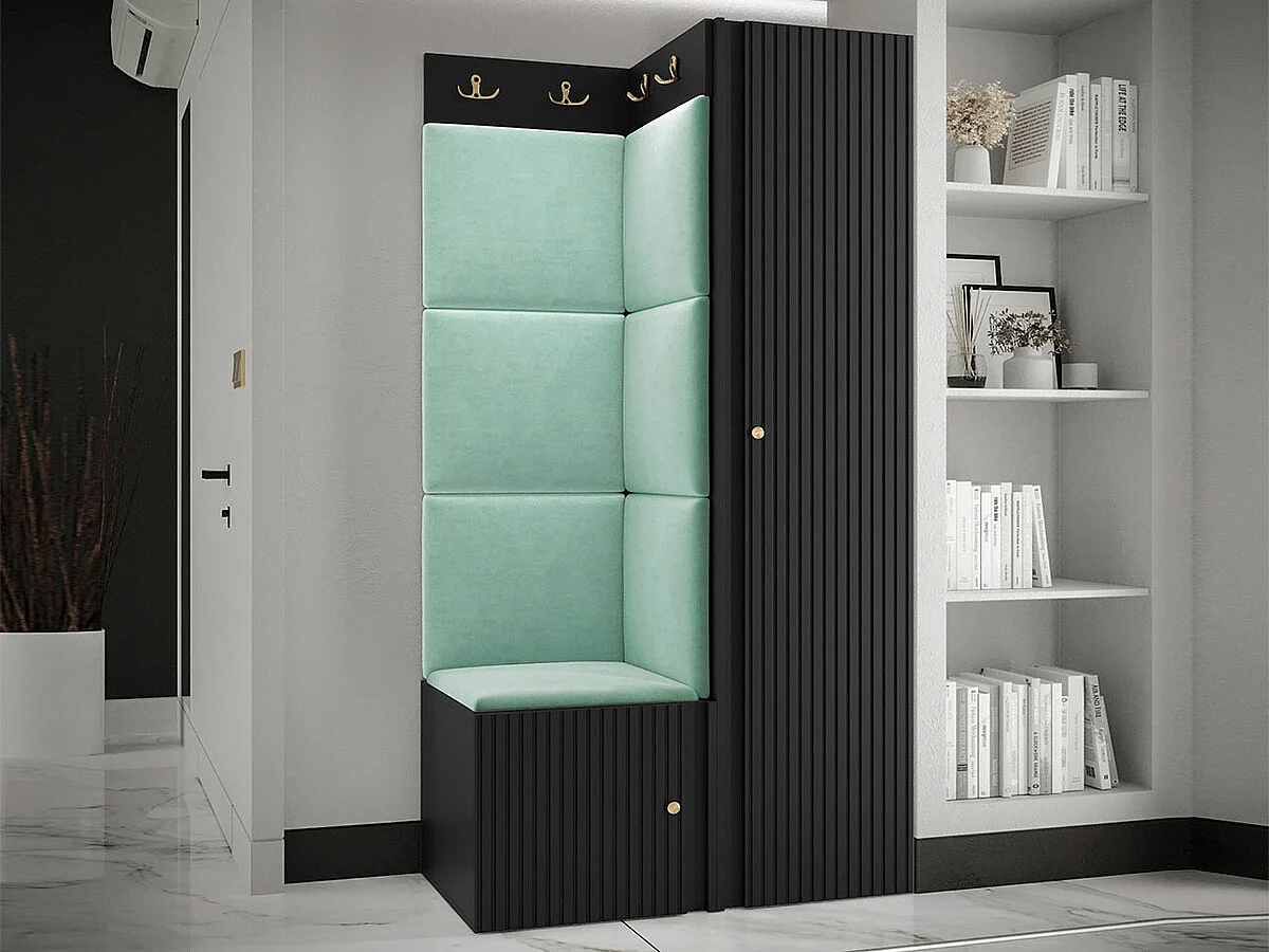 Meuble d'entrée Hartford 390, 186x82x46cm, Turquoise|Noir, Stratifié|Tissu|MDF