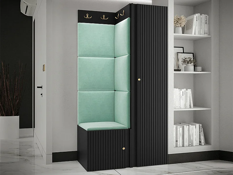 Meuble d'entrée Hartford 390, 186x82x46cm, Turquoise|Noir, Stratifié|Tissu|MDF