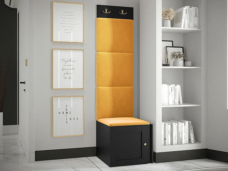 Meuble d'entrée Hartford 378, 186x42x46cm, Noir|Jaune, MDF|Stratifié|Tissu