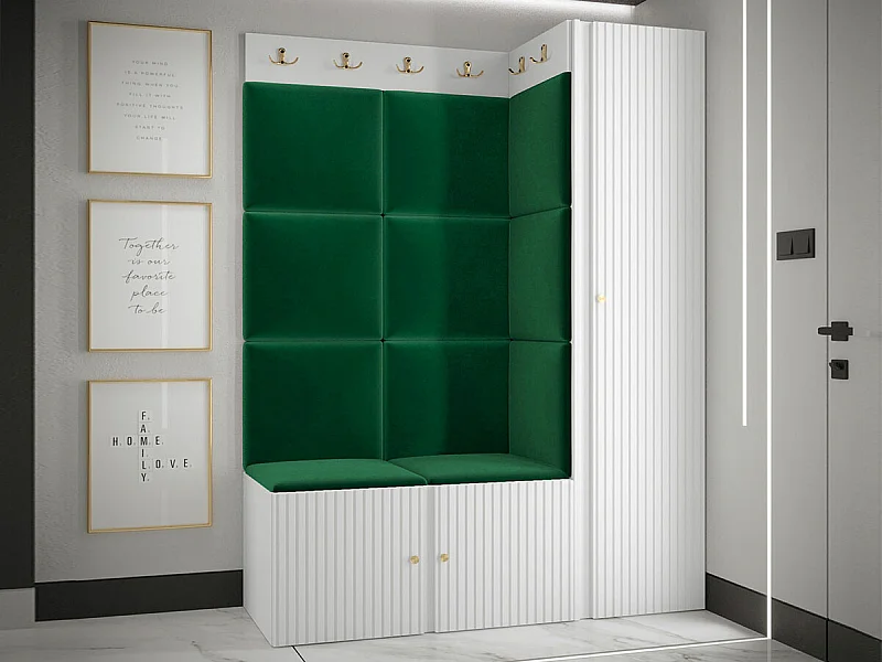 Meuble d'entrée Hartford 385, 186x124x46cm, Blanc|Vert, Tissu|MDF|Stratifié