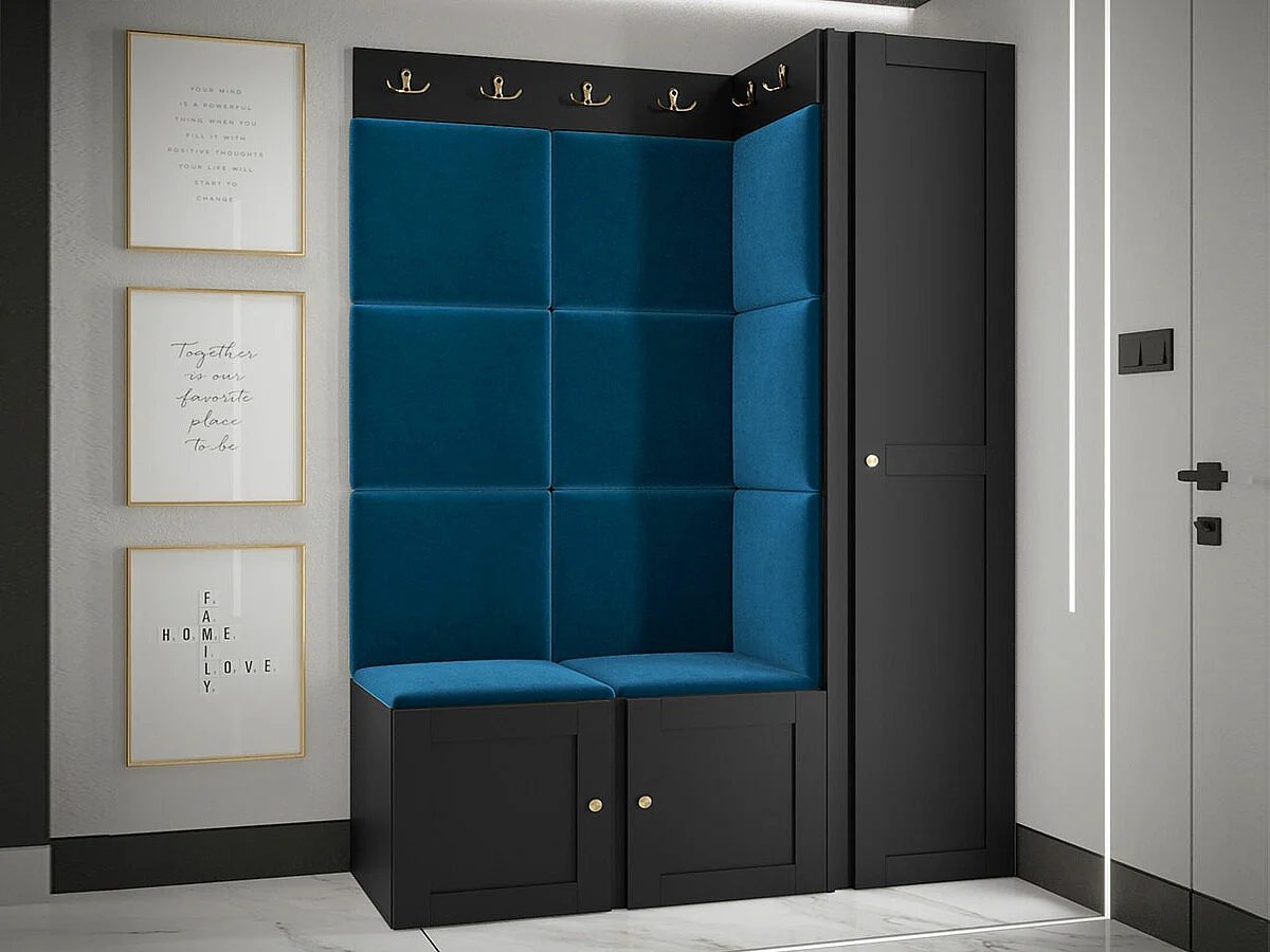 Meuble d'entrée Hartford 377, 186x124x46cm, Noir|Bleu, MDF|Stratifié|Tissu