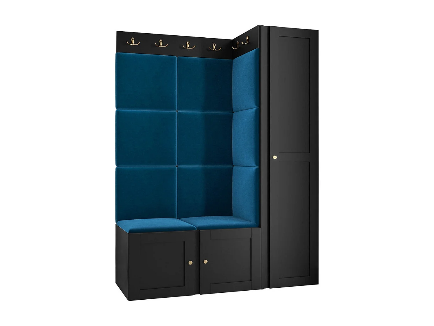 Meuble d'entrée Hartford 377, 186x124x46cm, Noir|Bleu, MDF|Stratifié|Tissu