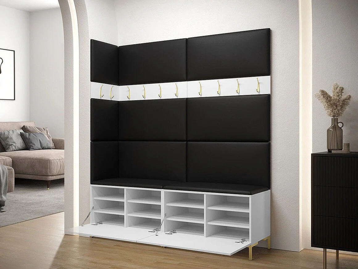 Meuble d'entrée Tivsoa 104, 196x168x46cm, Noir, Stratifié|Faux cuir, Murale|À poser