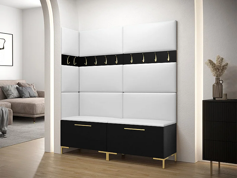 Meuble d'entrée Tivsoa 104, 196x168x46cm, Noir, Stratifié|Faux cuir, Murale|À poser