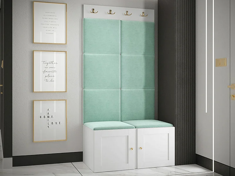 Meuble d'entrée Hartford 375, 186x84x46cm, Turquoise|Blanc, Stratifié|Tissu|MDF