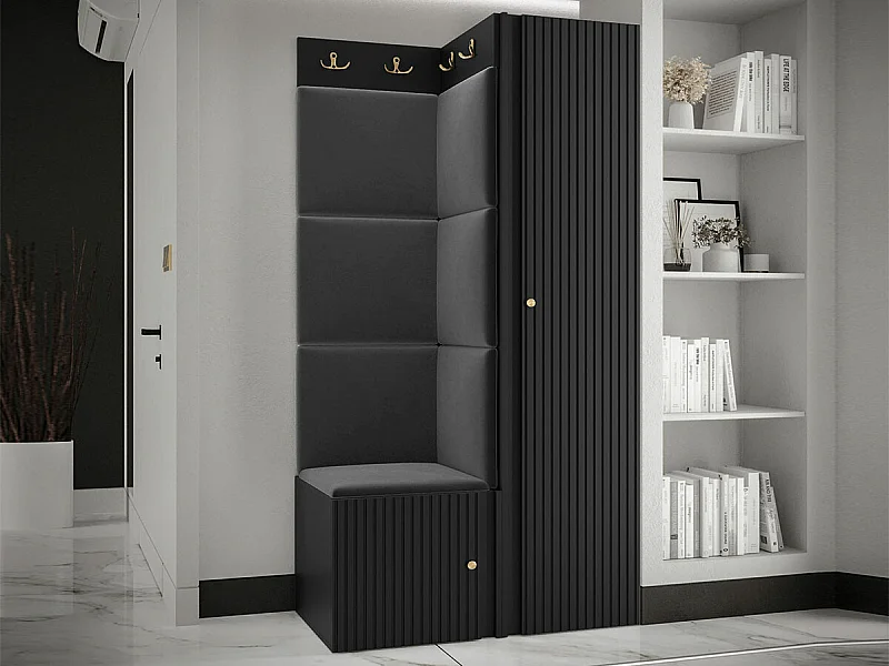 Meuble d'entrée Hartford 390, 186x82x46cm, Noir, MDF|Stratifié|Tissu, Murale|À poser