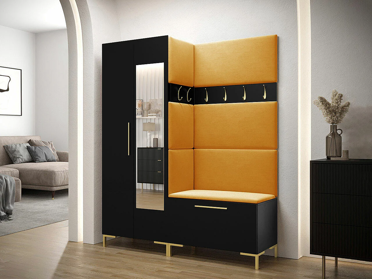 Meuble d'entrée Tivsoa 107, 196x158x46cm, Disponible, Noir, Tissu|Stratifié