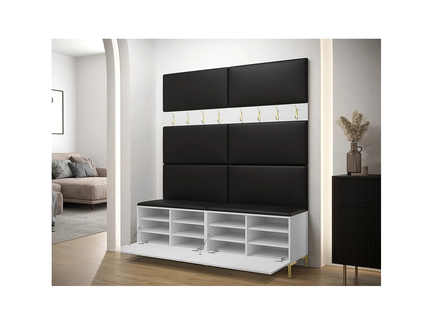 Meuble d'entrée Tivsoa 101, 196x168x46cm, Noir, Stratifié|Faux cuir, Murale|À poser