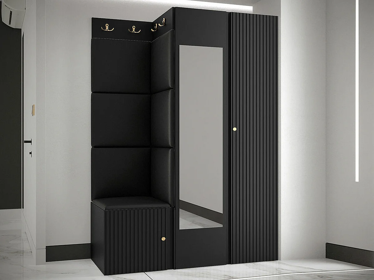 Meuble d'entrée Hartford 388, 186x116x46cm, Disponible, Noir, Stratifié|Faux cuir|MDF
