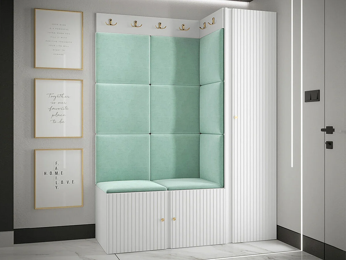 Meuble d'entrée Hartford 385, 186x124x46cm, Turquoise|Blanc, Stratifié|Tissu|MDF