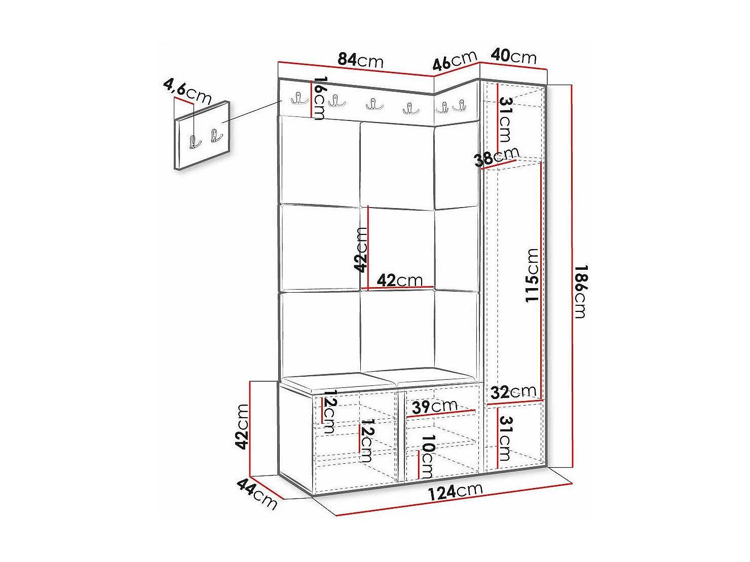 Meuble d'entrée Hartford 385, 186x124x46cm, Brun clair|Noir, Stratifié|Tissu|MDF