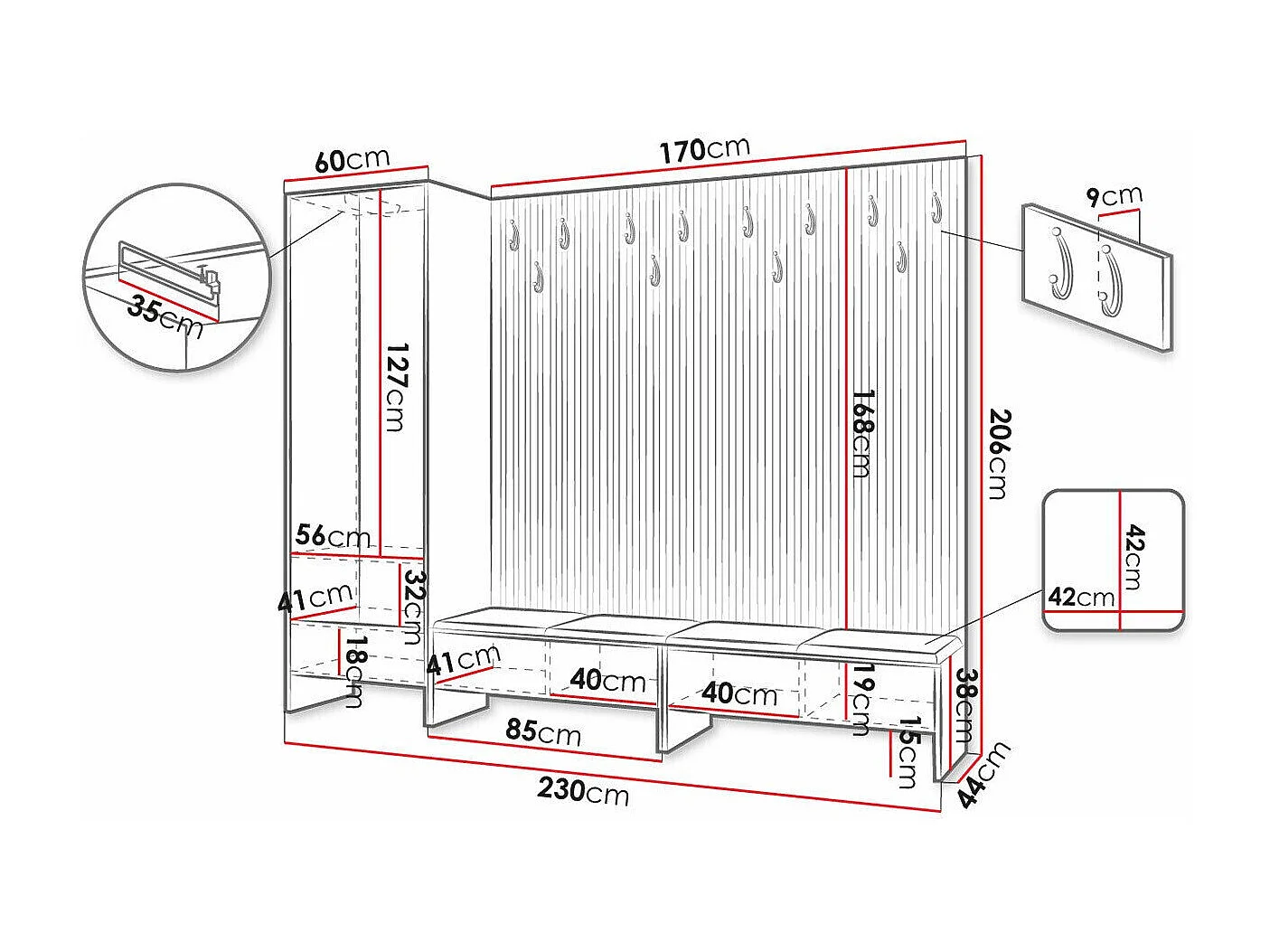 Meuble d'entrée Hartford 484, 206x230x44cm, Faux cuir|Stratifié, À poser
