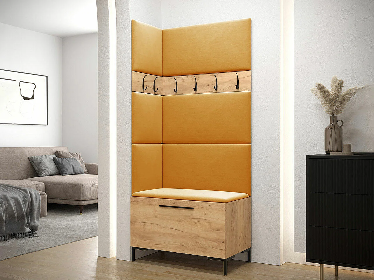 Meuble d'entrée Tivsoa 103, 196x84x46cm, Craft chêne, Tissu|Stratifié, Murale|À poser