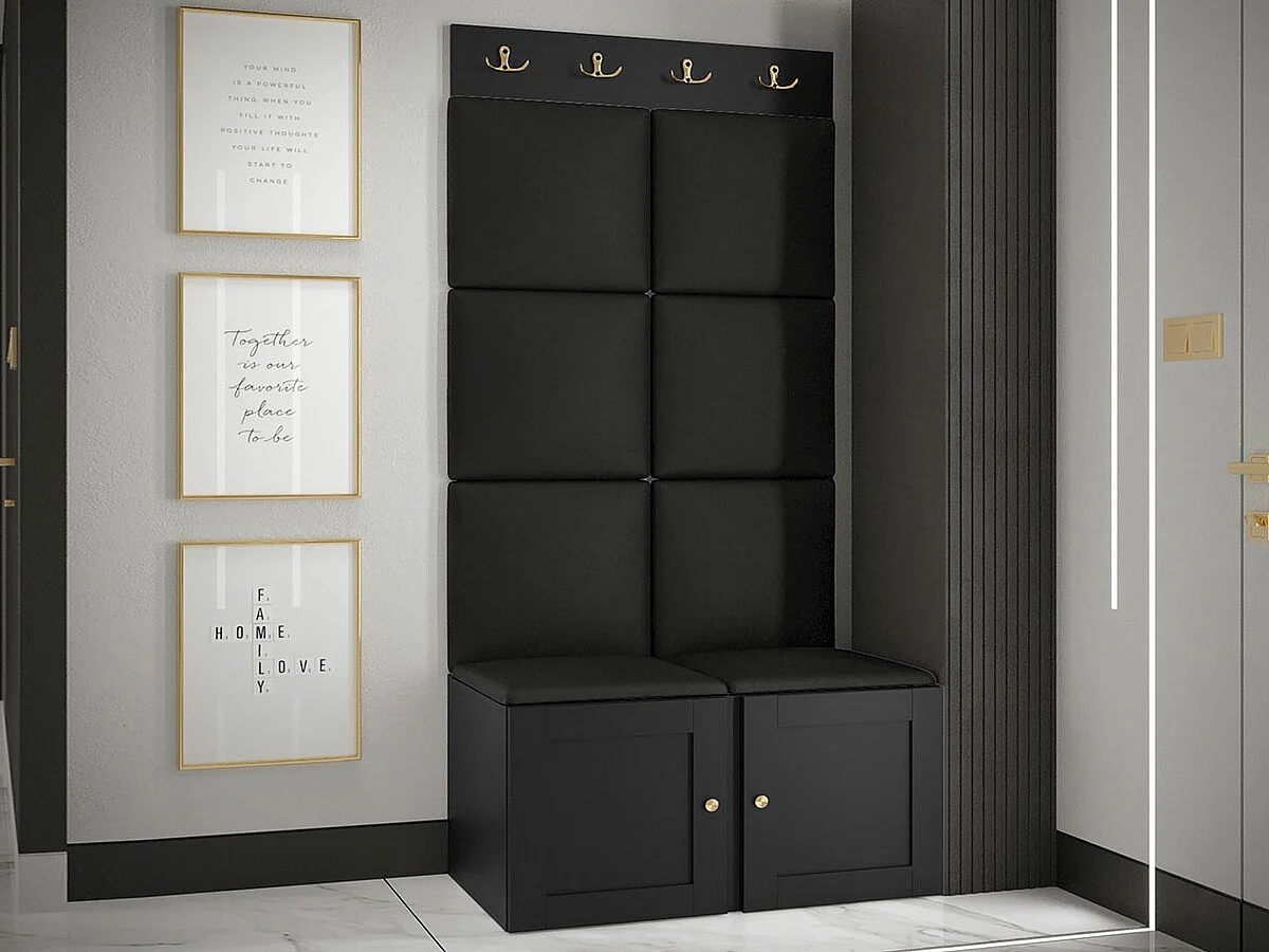 Meuble d'entrée Hartford 375, 186x84x46cm, Noir, Stratifié|Faux cuir|MDF, Murale|À poser