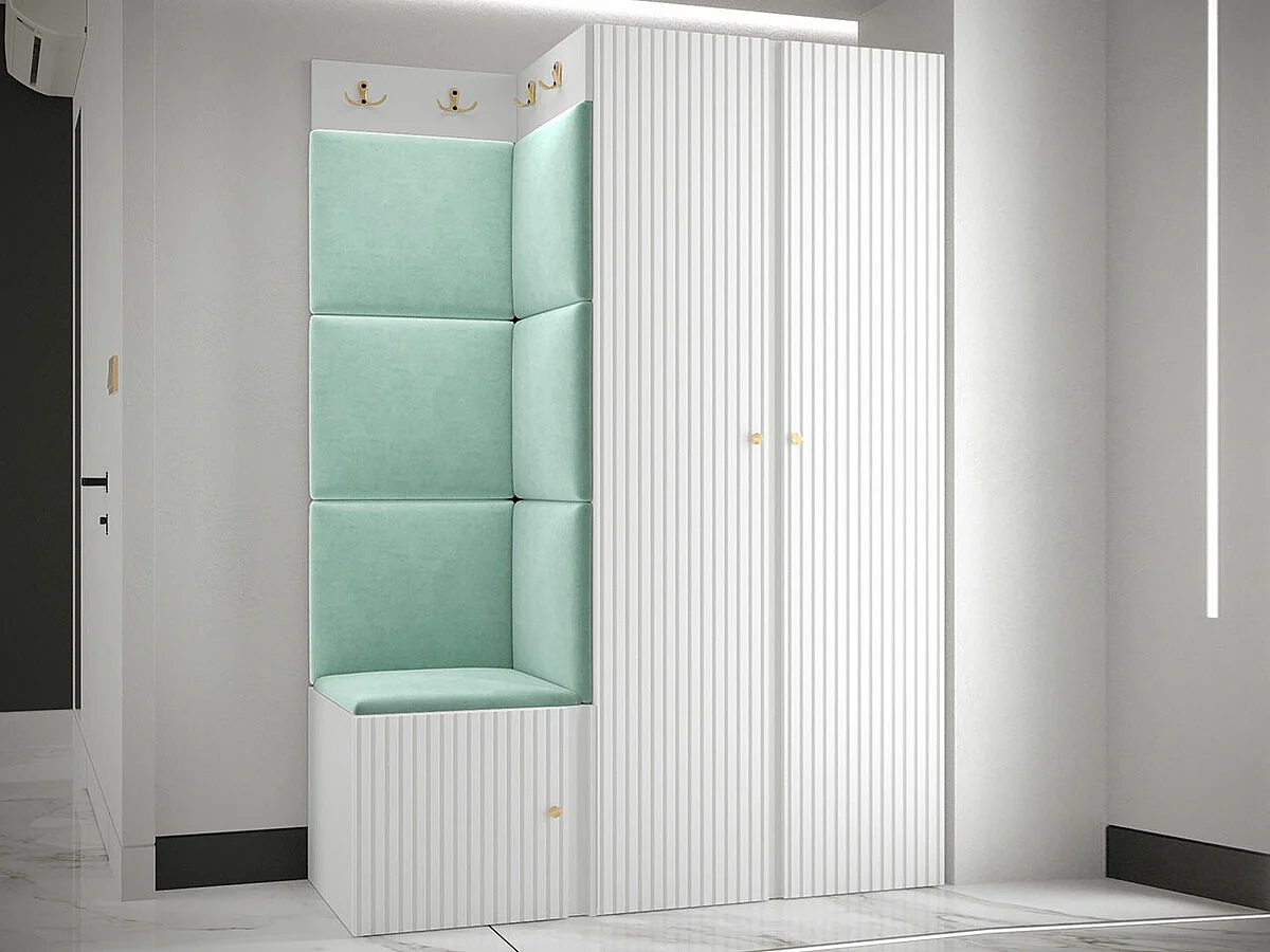 Meuble d'entrée Hartford 387, 186x116x46cm, Turquoise|Blanc, Stratifié|Tissu|MDF