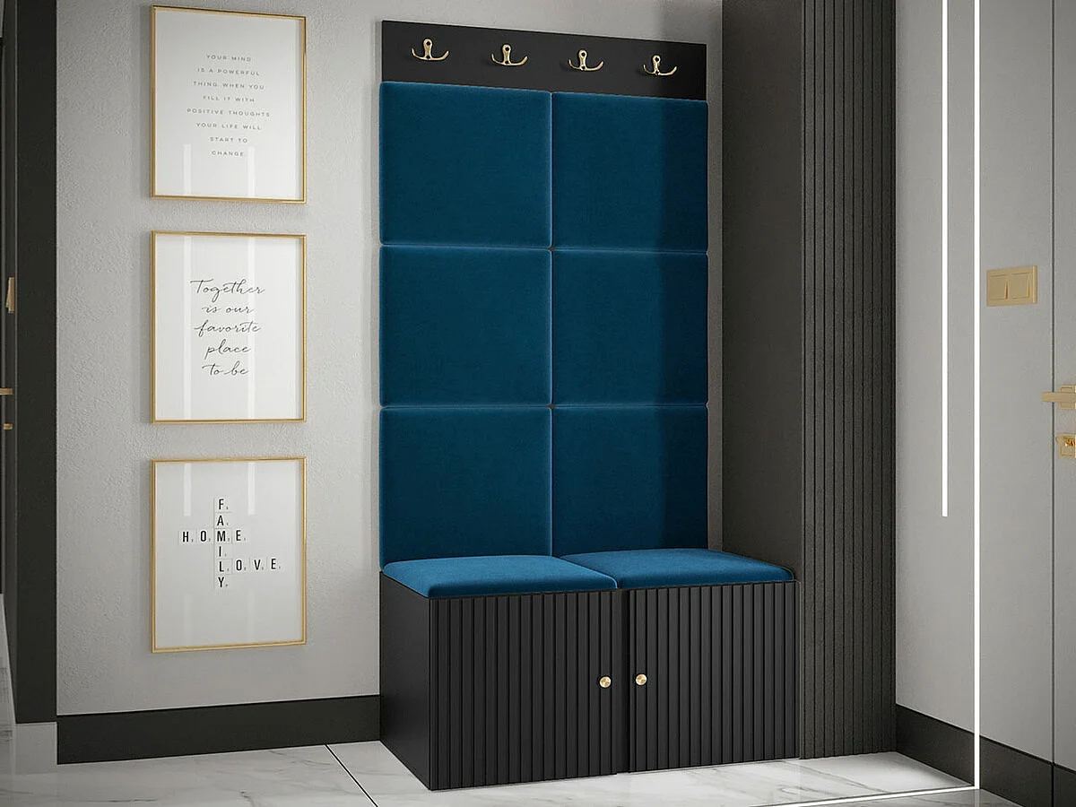 Meuble d'entrée Hartford 383, 186x84x46cm, Noir|Bleu, Stratifié|Tissu|MDF, Murale|À poser