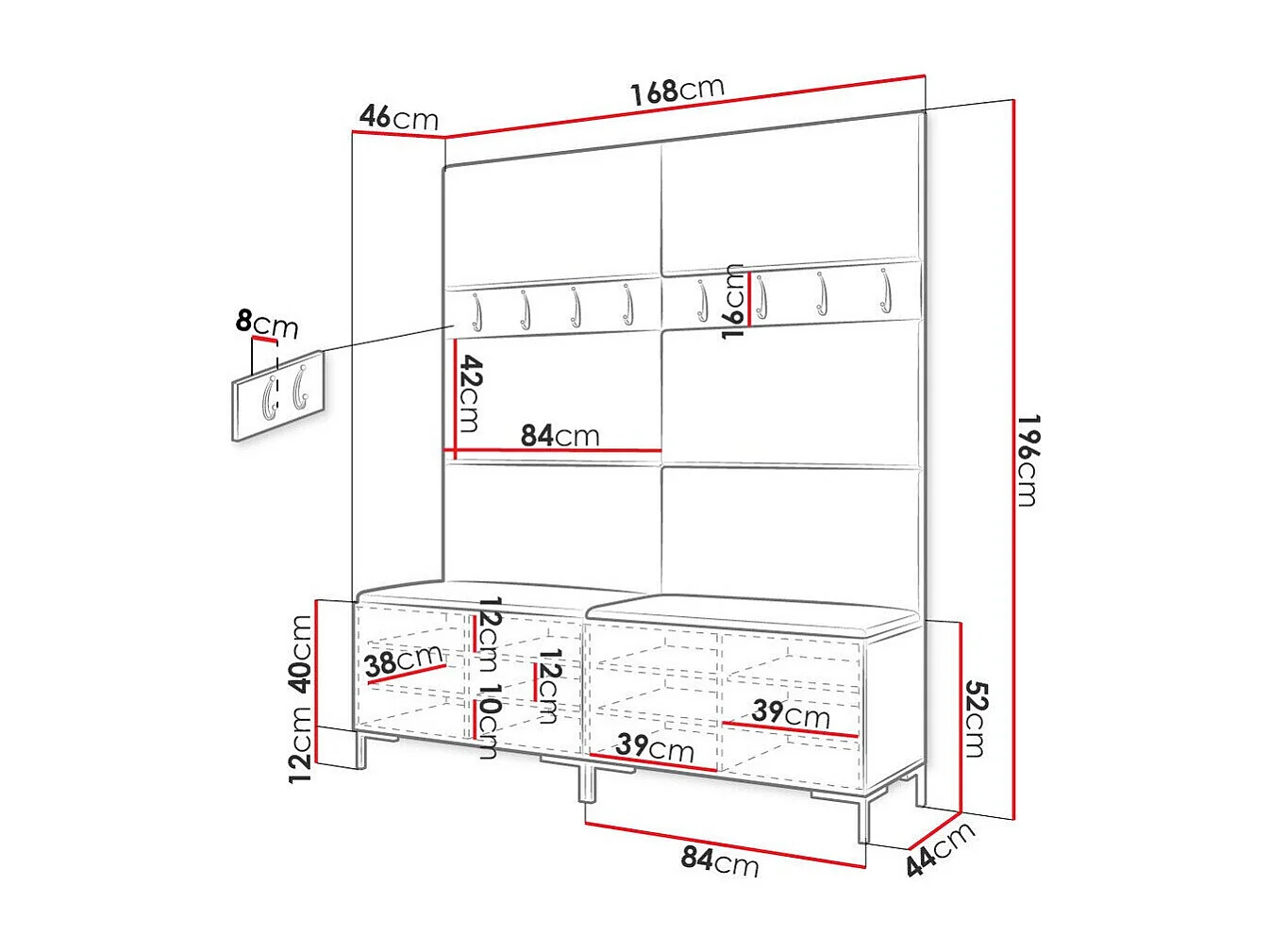 Meuble d'entrée Tivsoa 101, 196x168x46cm, Blanc, Stratifié|Faux cuir, Murale|À poser