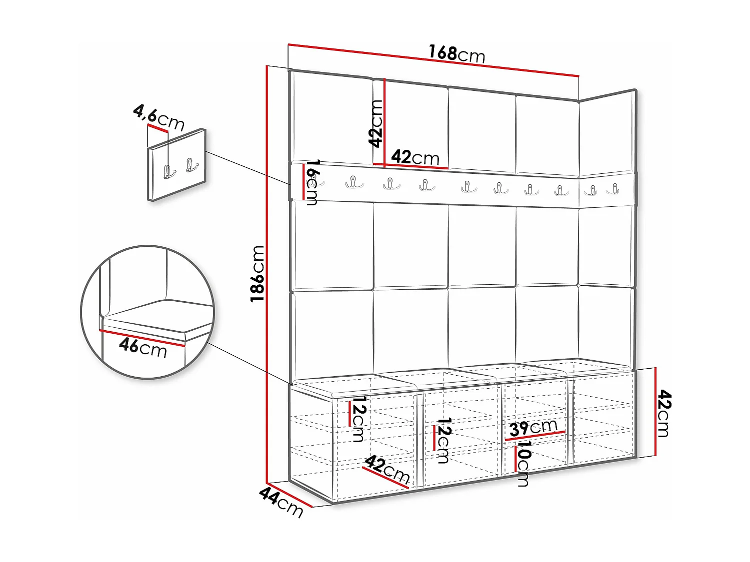 Meuble d'entrée Hartford 265, 186x168x46cm, Chêne Artisan, Stratifié|Faux cuir