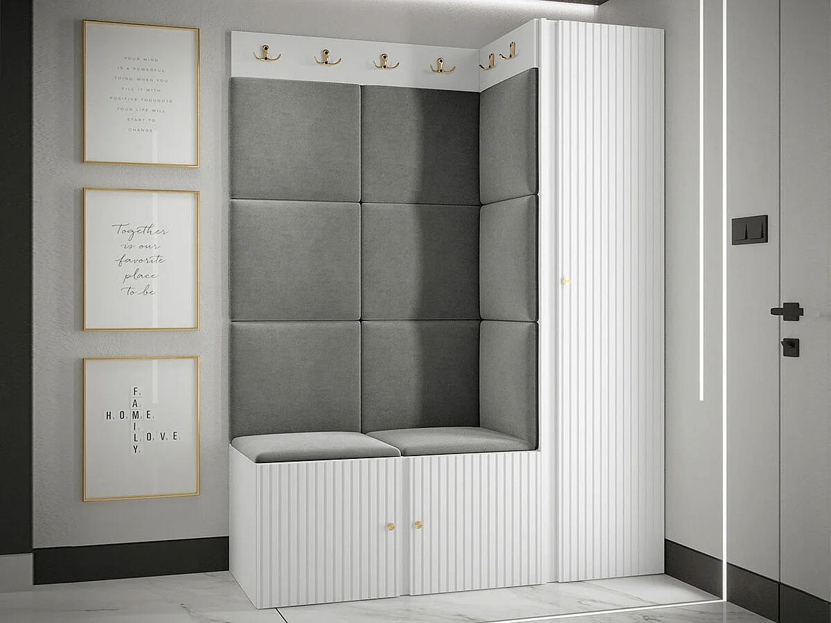 Meuble d'entrée Hartford 385, 186x124x46cm, Blanc|Gris, Tissu|MDF|Stratifié