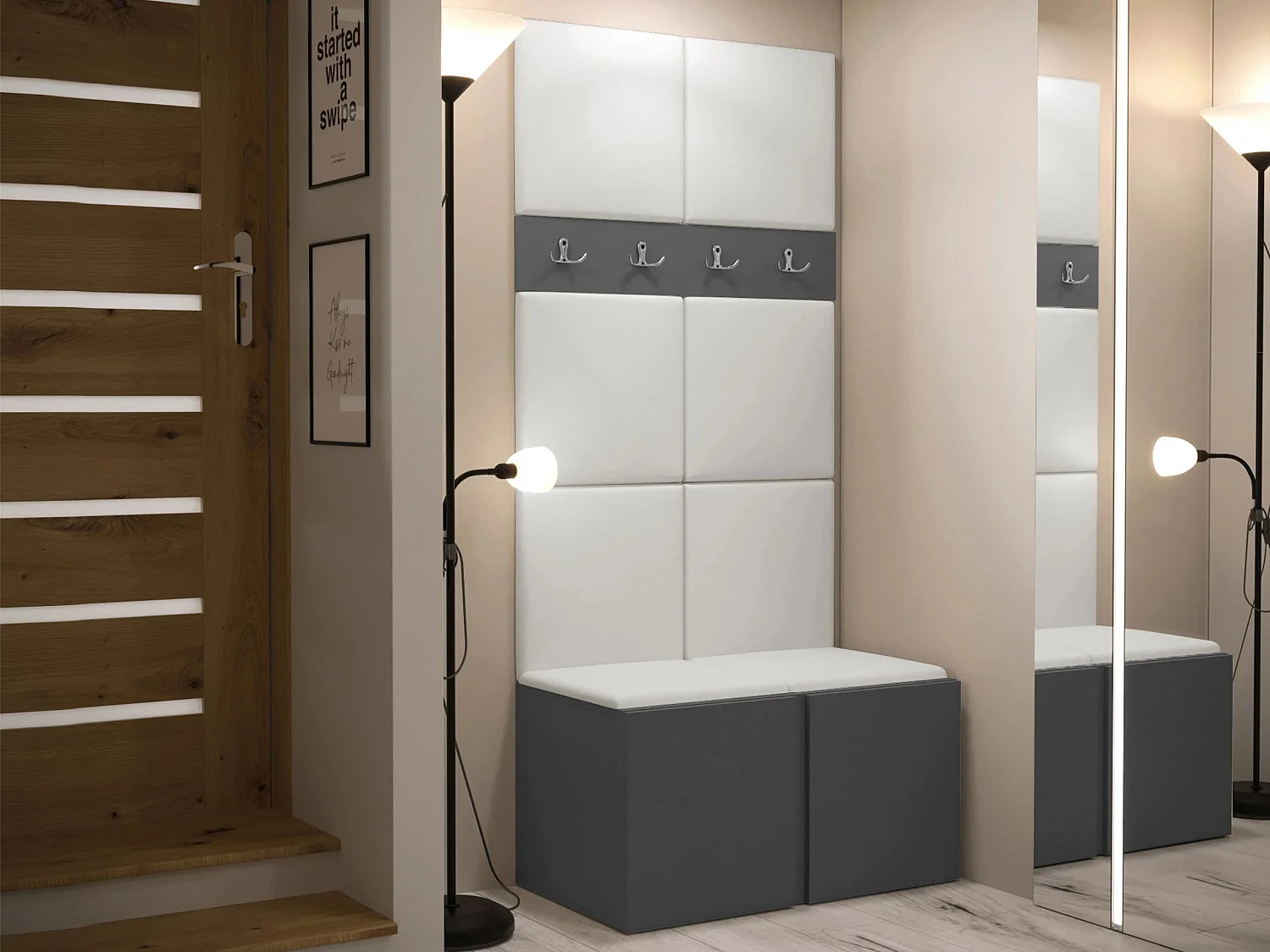 Meuble d'entrée Pinis IV, 186x84x46cm, Graphite, Faux cuir|Stratifié, Murale|À poser