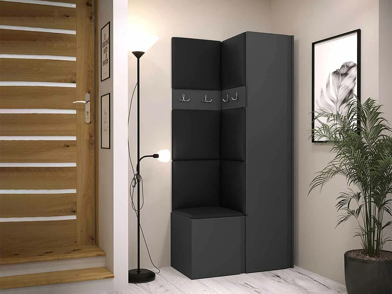 Meuble d'entrée Hartford 348, 186x82x44cm, Graphite, Faux cuir|Stratifié, À poser|Murale