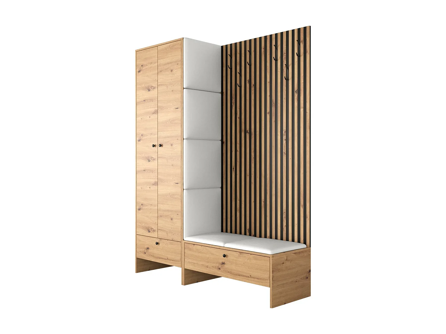 Meuble d'entrée Hartford 320, 206x145x44cm, Chêne Artisan|Noir, Stratifié|Faux cuir