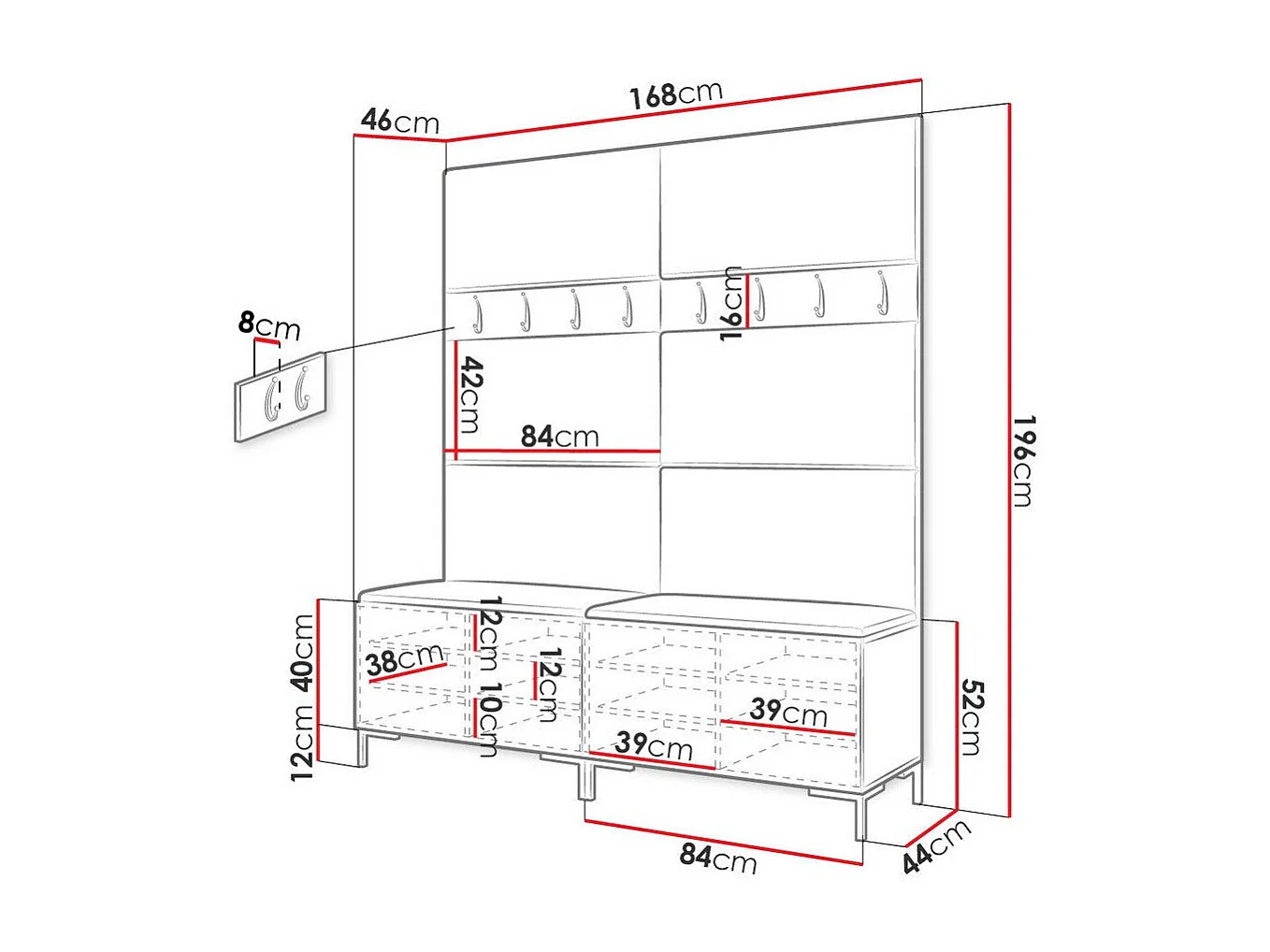 Meuble d'entrée Tivsoa 101, 196x168x46cm, Blanc, Stratifié|Tissu, Murale|À poser