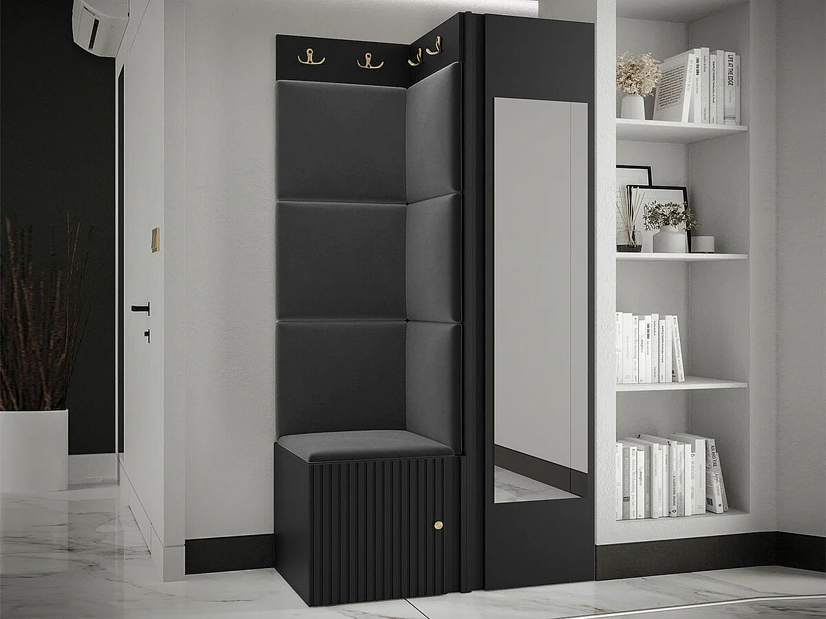 Meuble d'entrée Hartford 391, 186x82x46cm, Disponible, Noir, Stratifié|Tissu|MDF