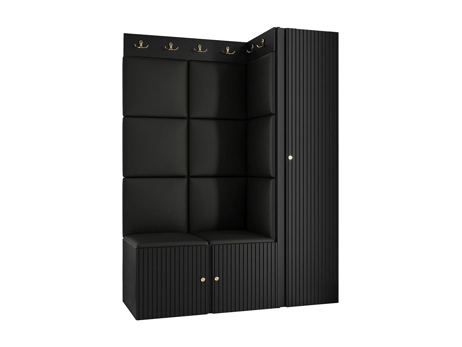 Meuble d'entrée Hartford 385, 186x124x46cm, Noir, Stratifié|Faux cuir|MDF, Murale|À poser