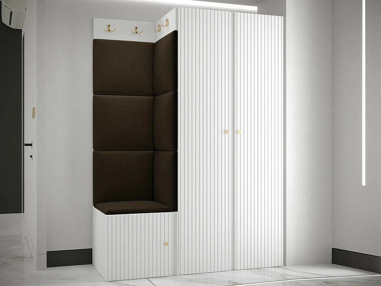 Meuble d'entrée Hartford 387, 186x116x46cm, Marron|Blanc, MDF|Stratifié|Tissu