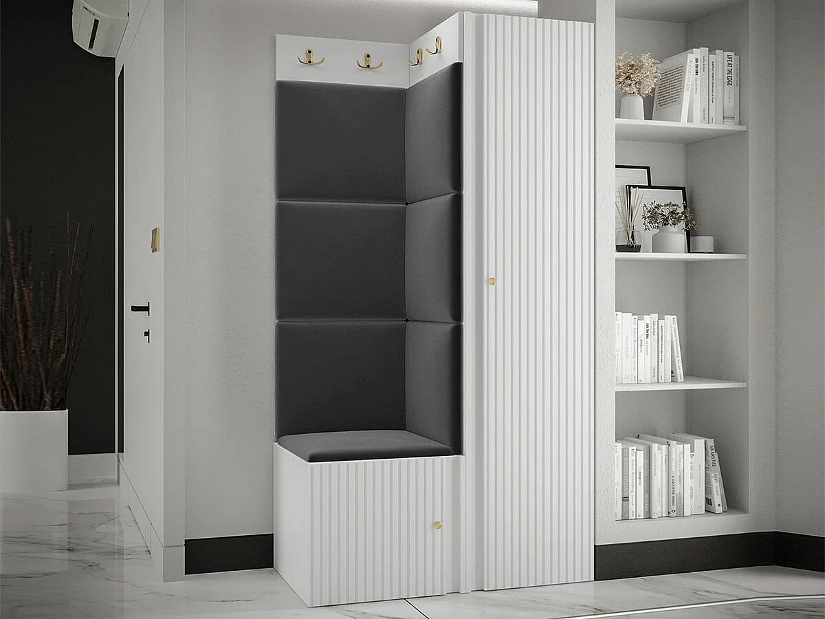 Meuble d'entrée Hartford 390, 186x82x46cm, Blanc|Noir, Stratifié|Tissu|MDF