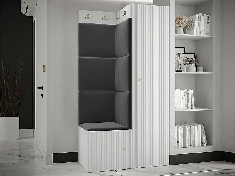 Meuble d'entrée Hartford 390, 186x82x46cm, Blanc|Noir, MDF|Stratifié|Tissu