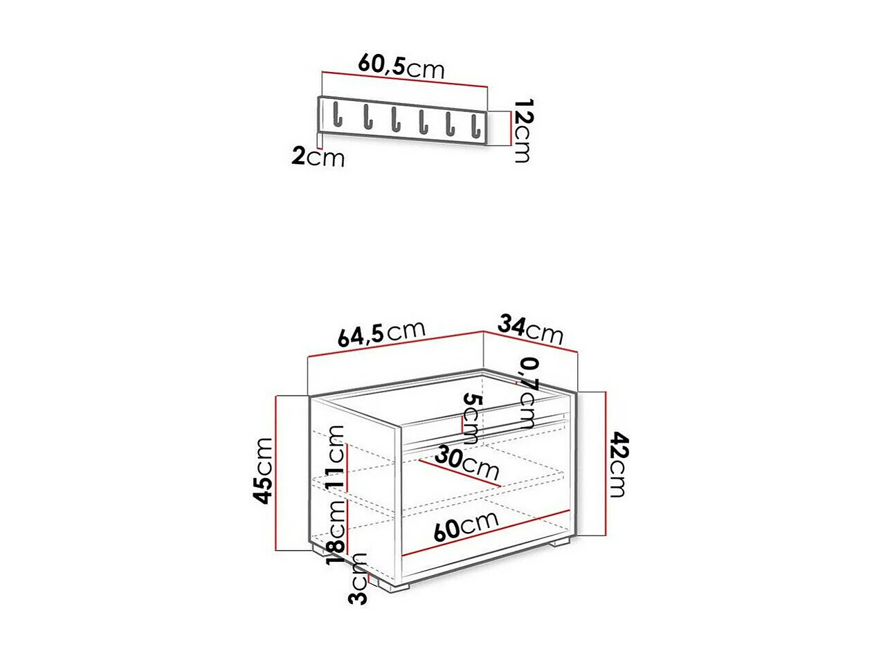Meuble d'entrée Comfivo 399, 65x34cm, Noir, Stratifié|Faux cuir, À poser|Murale