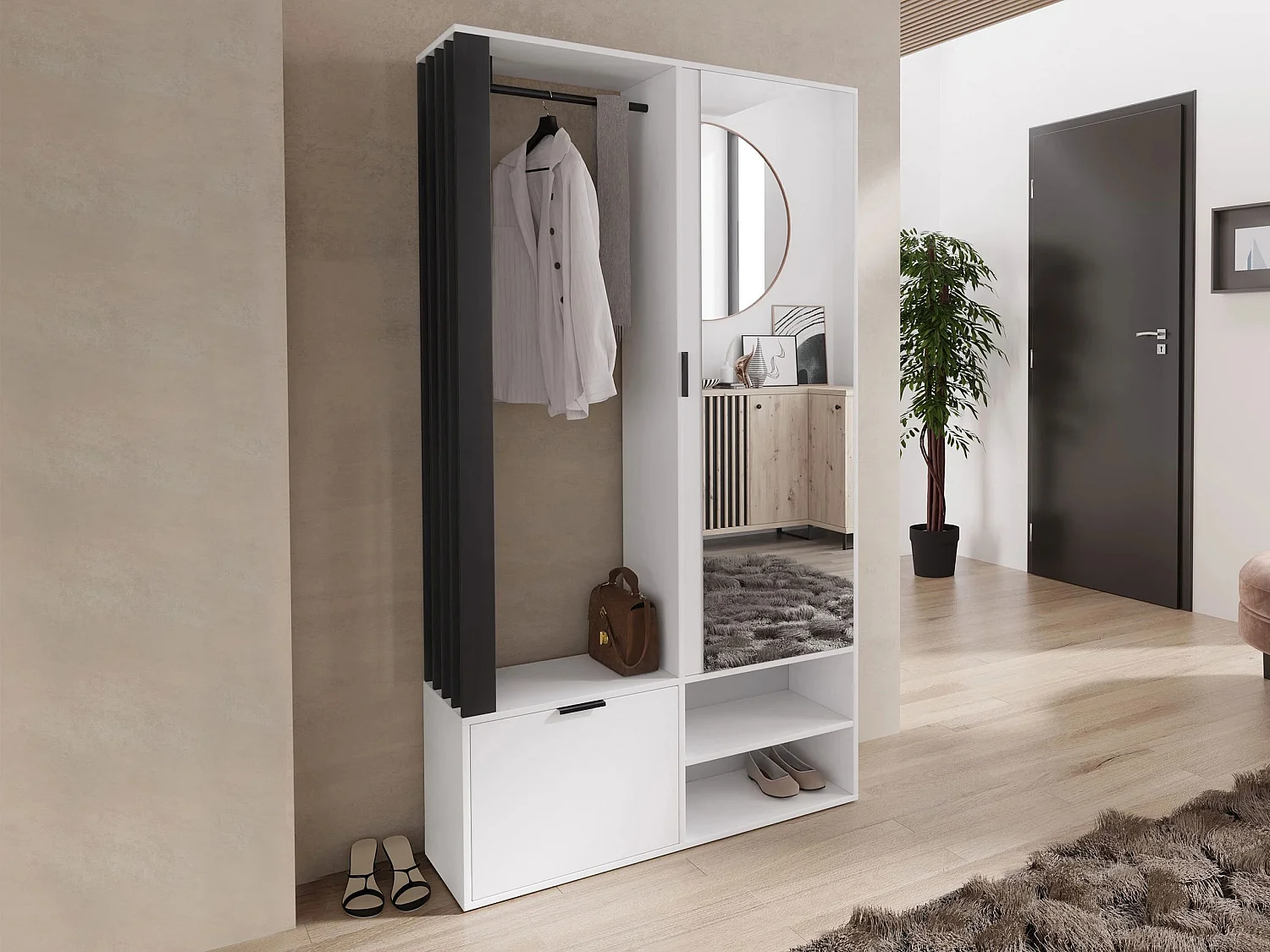 Meuble d'entrée Vinea, 190x100x33cm, Disponible, Noir|Blanc, Stratifié, À poser
