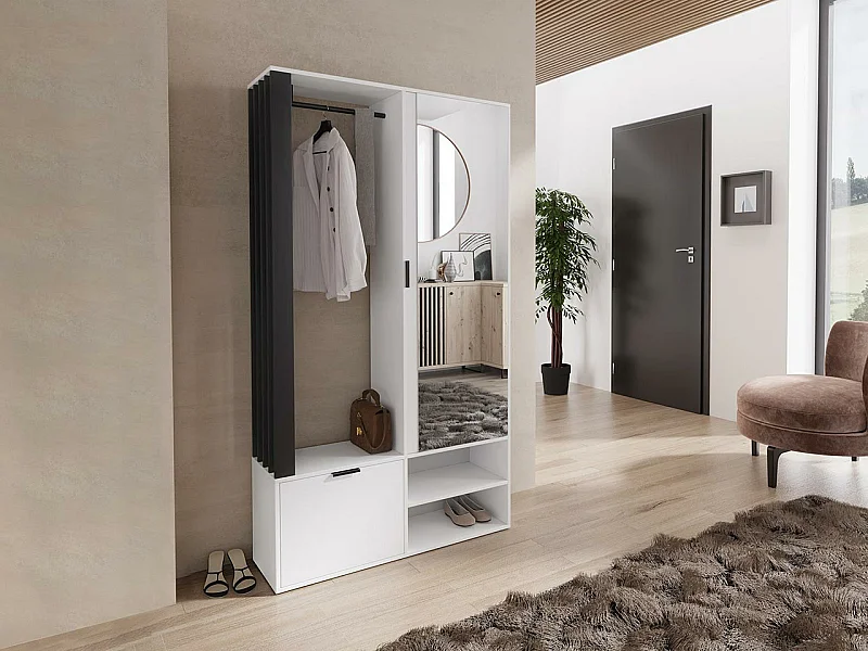 Meuble d'entrée Stanton 145, 190x100x33cm, Disponible, Blanc|Noir, Stratifié, À poser