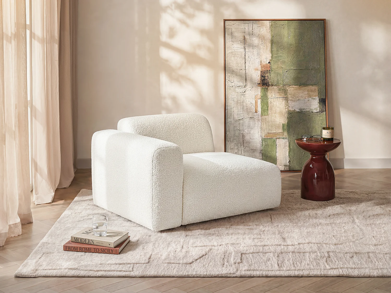 Module fauteuil d'angle gauche en tissu bouclette blanc POGNI de Maison Céphy