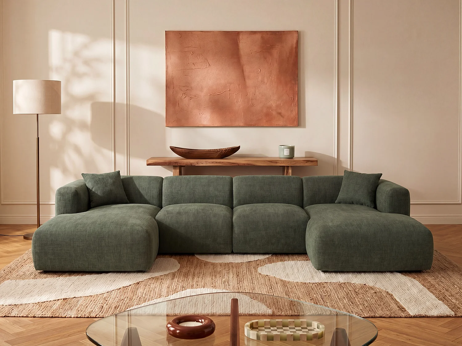 Chaise longue rechts module met armleuning in groene stof van Maison Céphy POGNI