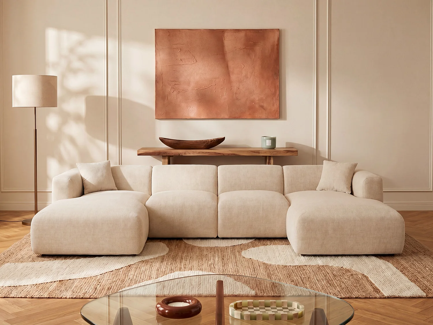 Chaise longue links zonder slaapgedeelte met armleuning in beige stof van Maison Céphy POGNI