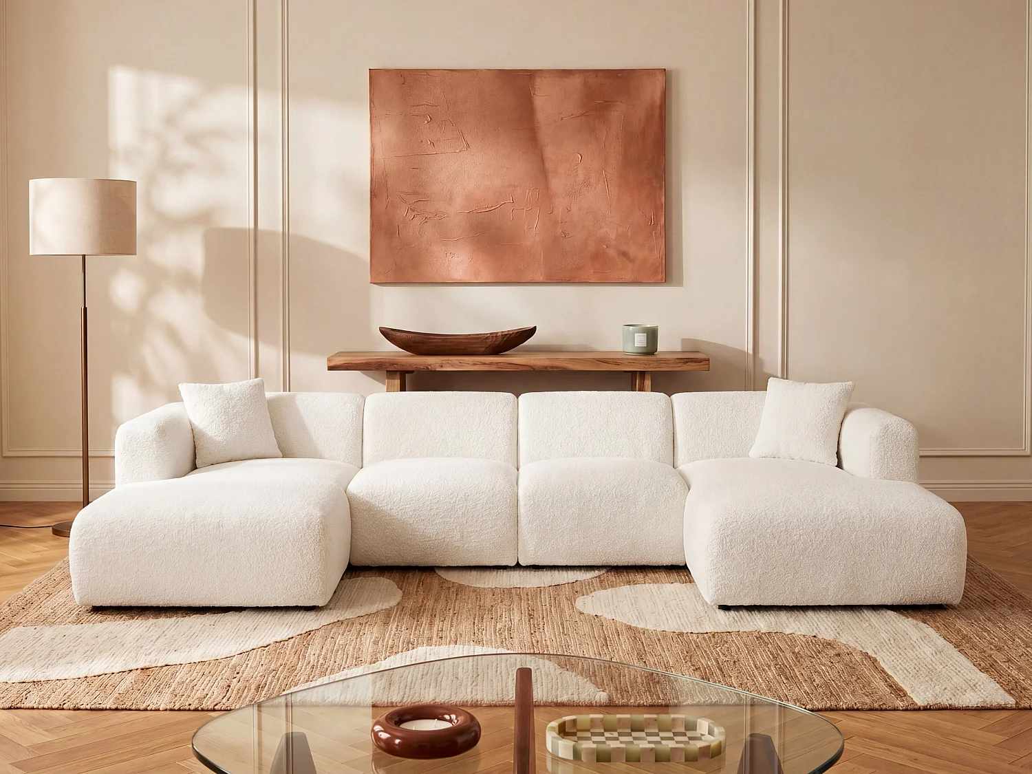 Chaise longue links module met armleuning in witte boucléstof van Maison Céphy POGNI