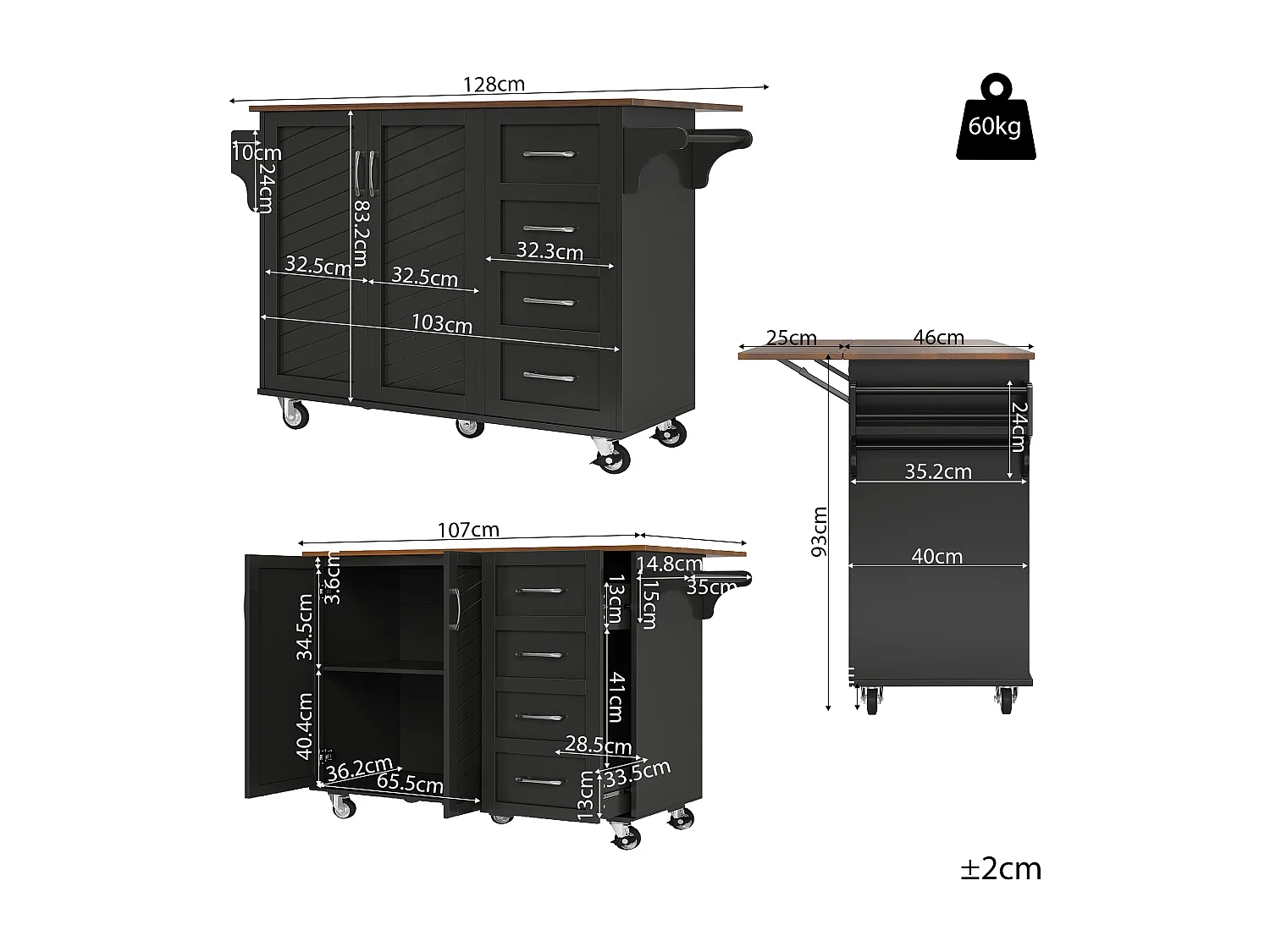 Desserte de cuisine 128x(46-71)x93 cm 2 portes et 2 tiroirs Îlot de cuisine avec plateau extensible - noir