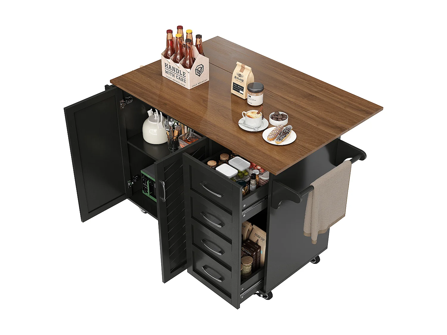 Desserte de cuisine 128x(46-71)x93 cm 2 portes et 2 tiroirs Îlot de cuisine avec plateau extensible - noir