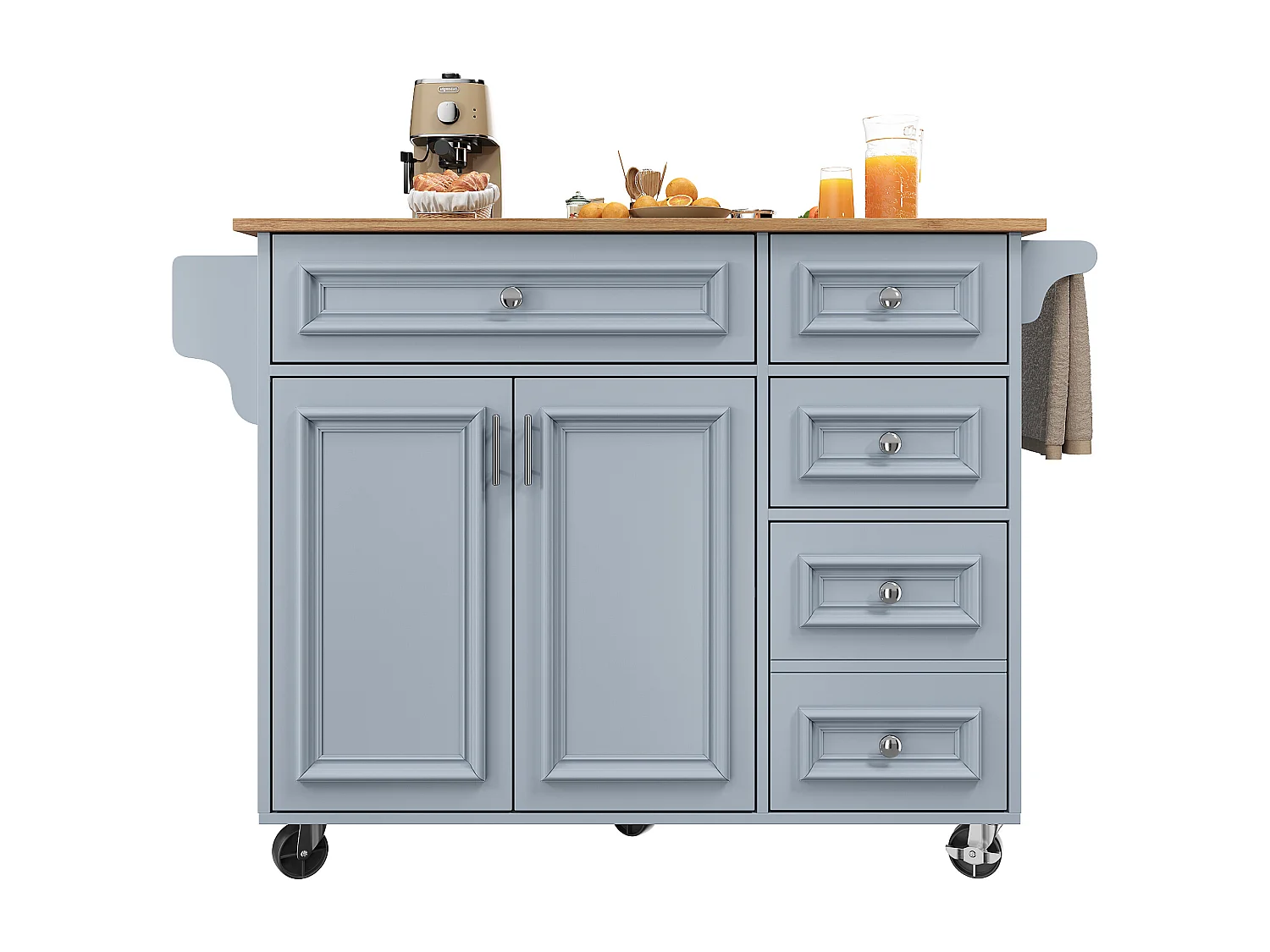 Desserte de cuisine 130x(45-75)x92 cm 2 portes et 5 tiroirs Îlot de cuisine avec plateau extensible  - bleu