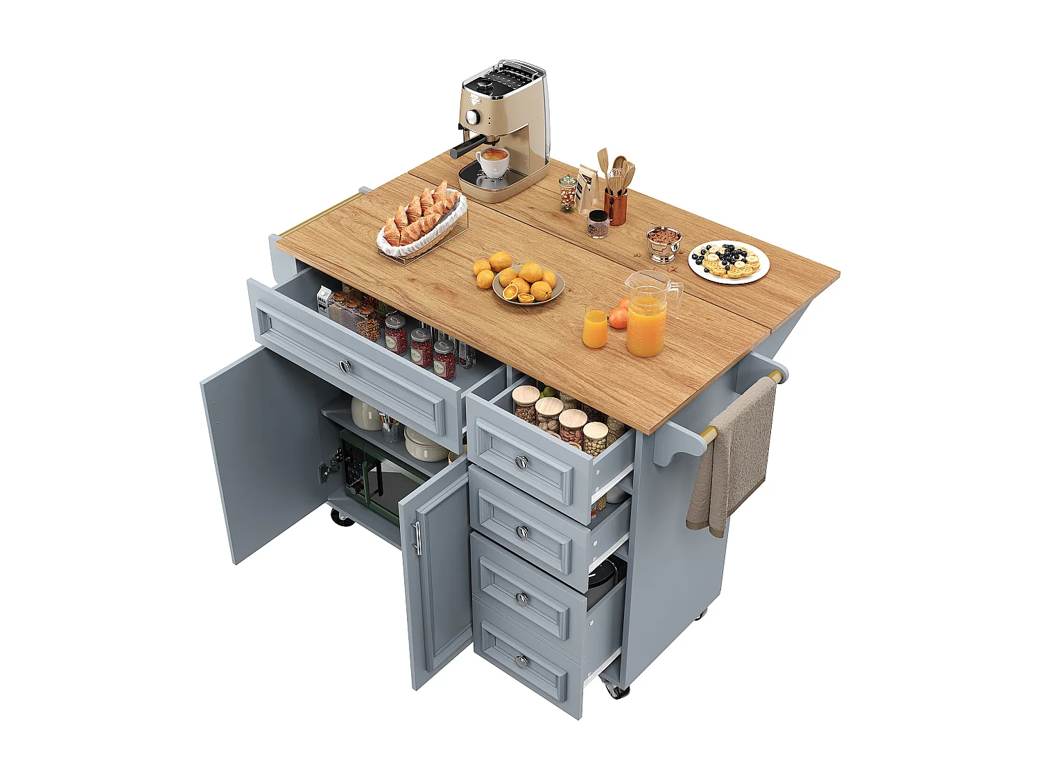 Îlot de cuisine 110x45x92 cm, plateau rabattable, rangement modulable, MDF et métal, bleu bébé