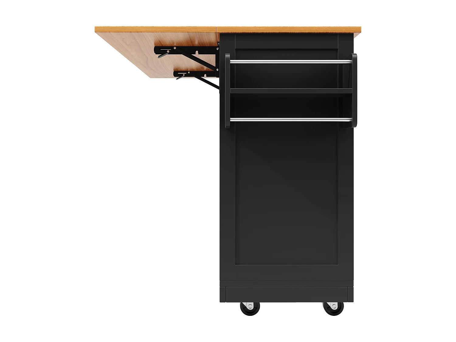 Desserte de cuisine 140x40x93.5 cm, plateau rabattable, 2 tiroirs, roulettes, MDF noir