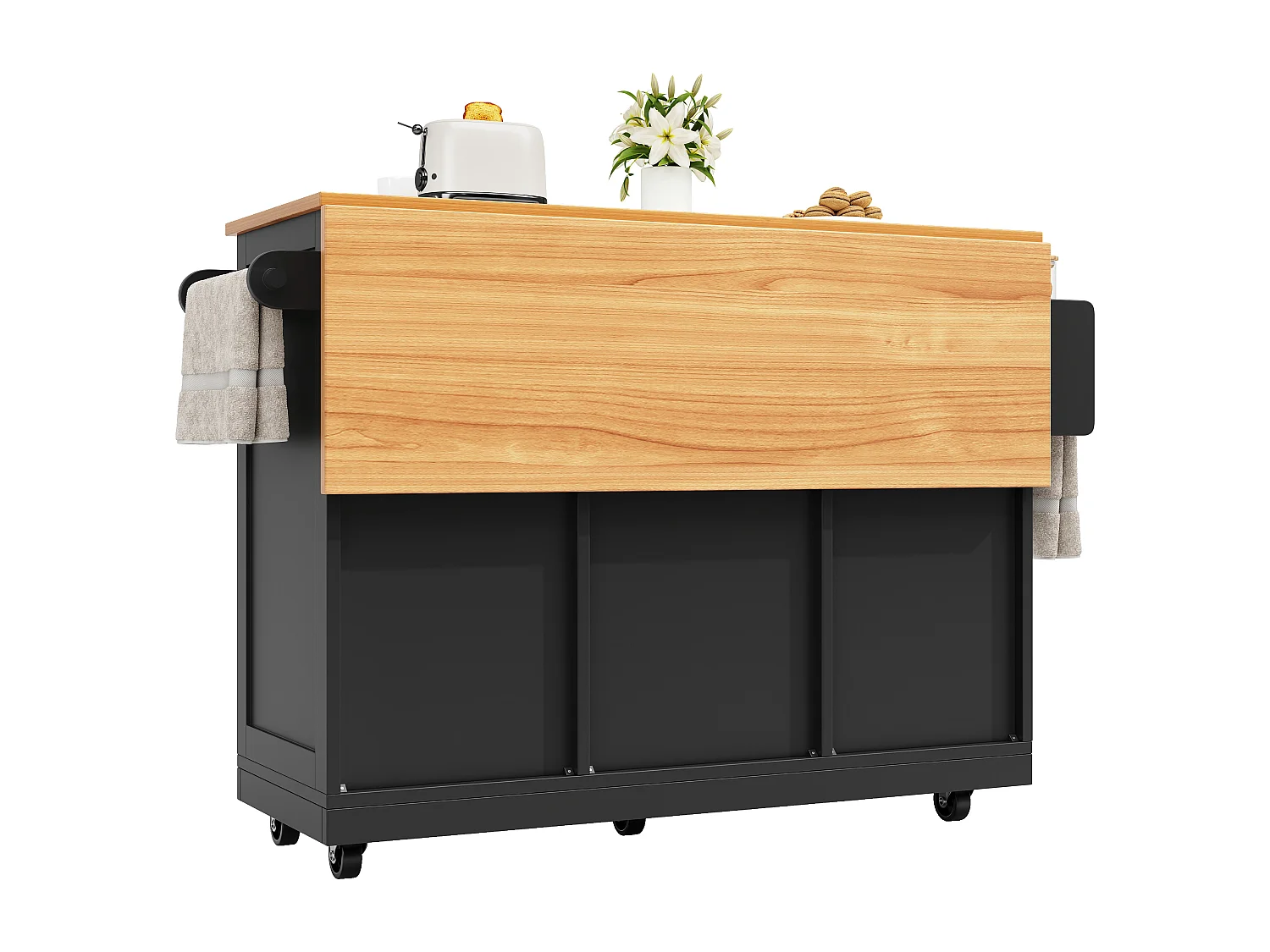 Desserte de cuisine 140x40x93.5 cm, plateau rabattable, 2 tiroirs, roulettes, MDF noir