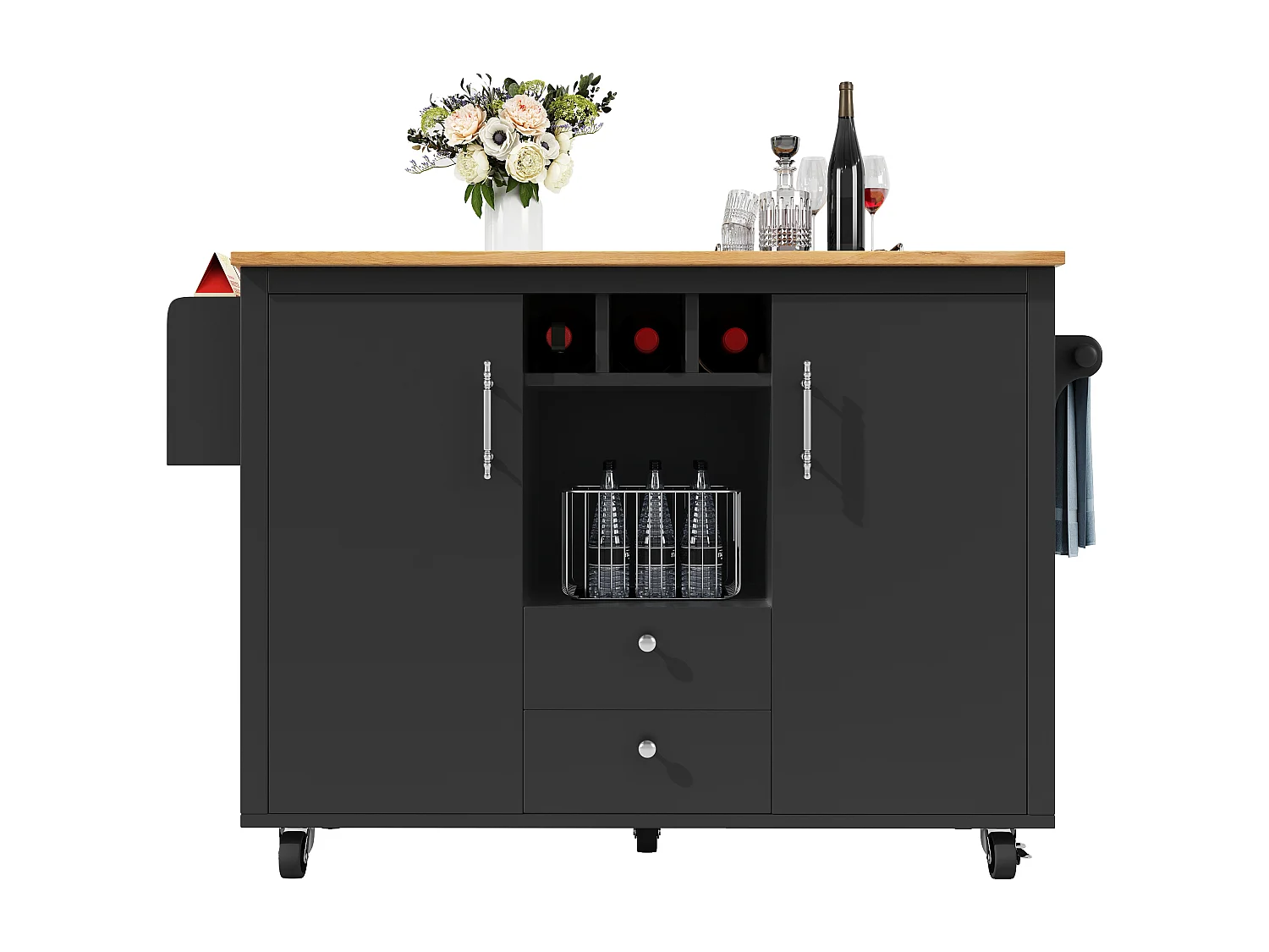 Îlot de cuisine 137.9x73x92.2 cm, table rabattable, grand rangement avec roulettes, MDF et métal noir