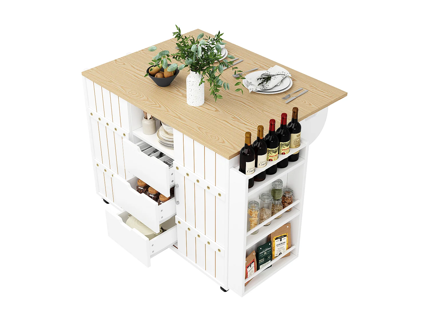 Îlot de cuisine 110x42x90 cm, plateau rabattable, 3 tiroirs, portes coulissantes, MDF blanc