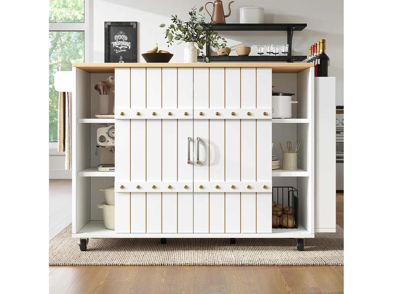 Îlot de cuisine 110x42x90 cm, plateau rabattable, 3 tiroirs, portes coulissantes, MDF blanc