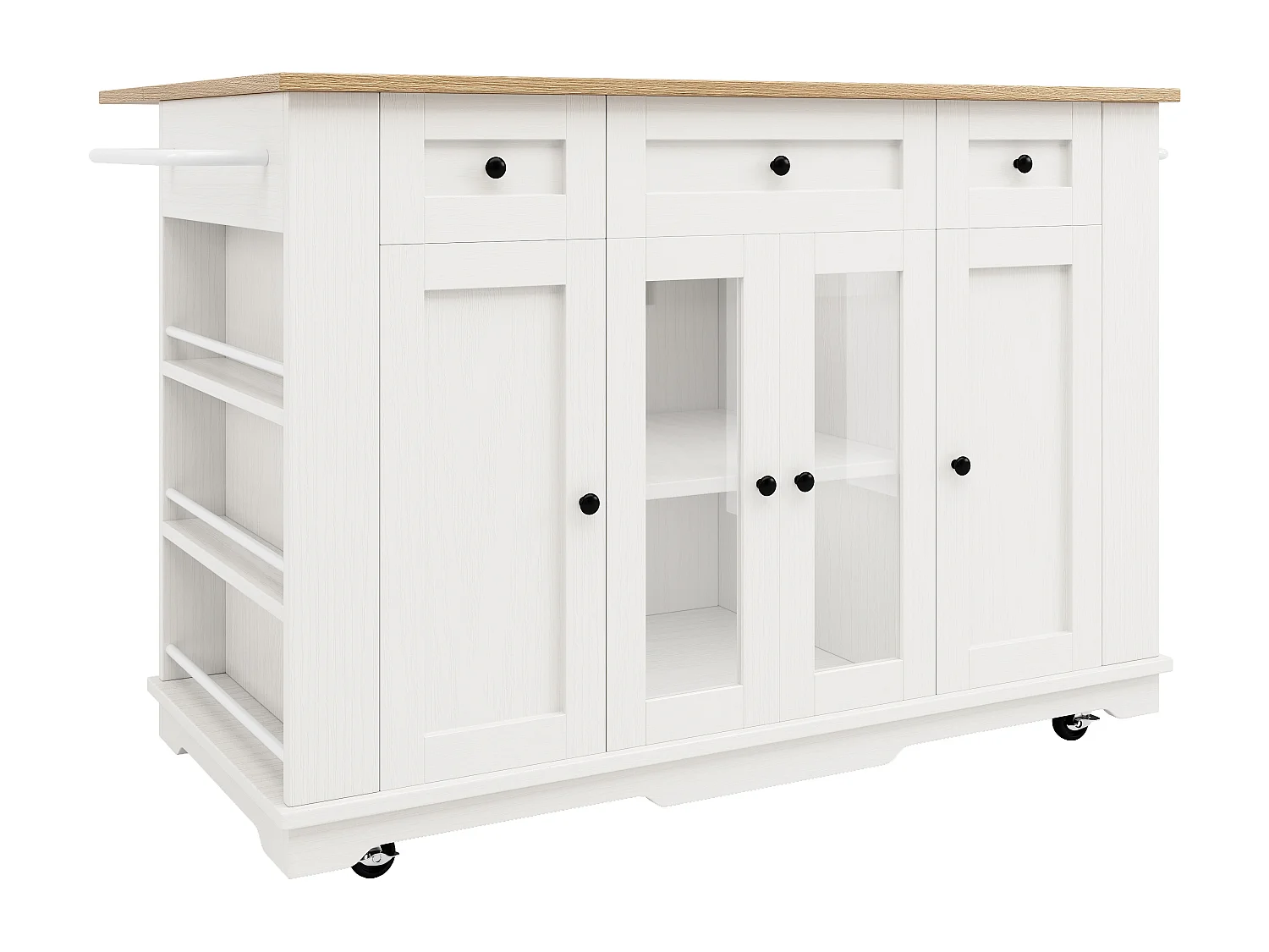 Îlot de cuisine 151.5x60x91.7 cm, plateau rabattable, rangement modulable, verre trempé, blanc et naturel